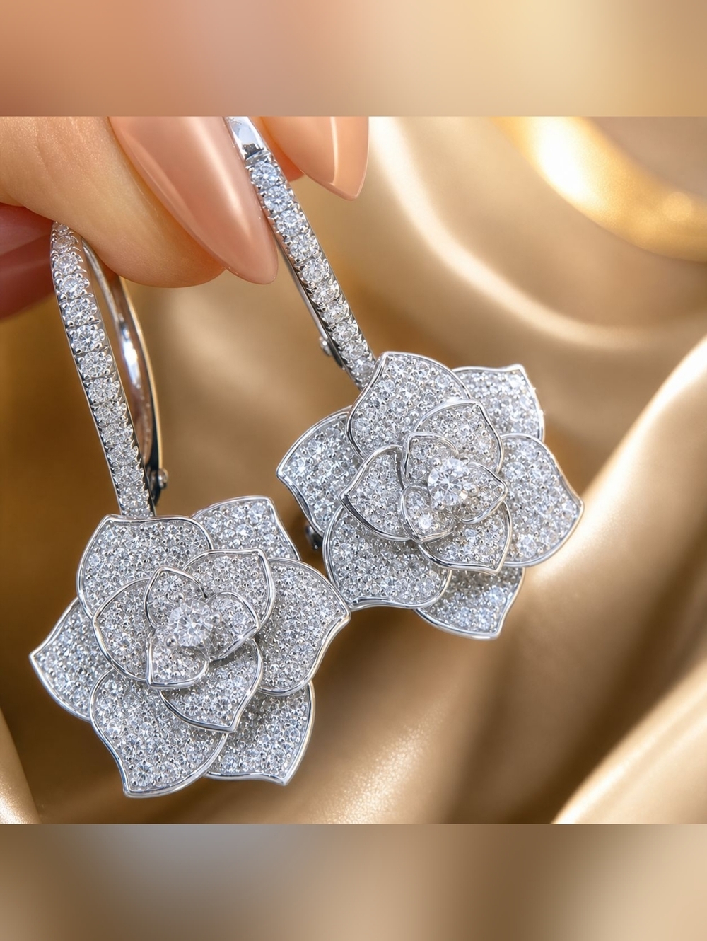 Silver Floral Pavé Drop Hoop Earrings - Picture 2 of 5